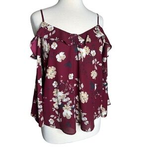Lush size M burgundy red floral long sleeve shoulder less blouse casual top